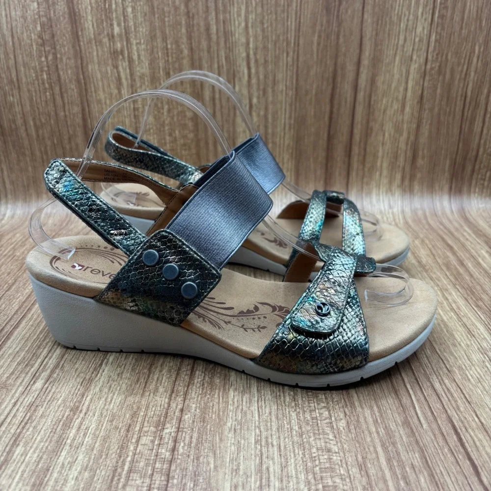 Revere Tahiti Wedge Sandals Peacock Python Womens 10 Metallic Leather Orthopedic